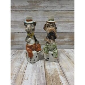 Vintage Ceramic Cat and Dog Figurines Riding Dice Monalto Vino Rosso Italy MCM‎